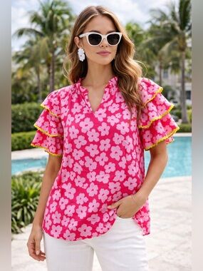 Pink Floral Ruffle Sleeve Blouse | Crosby Inspired | Preppy Resort Top |